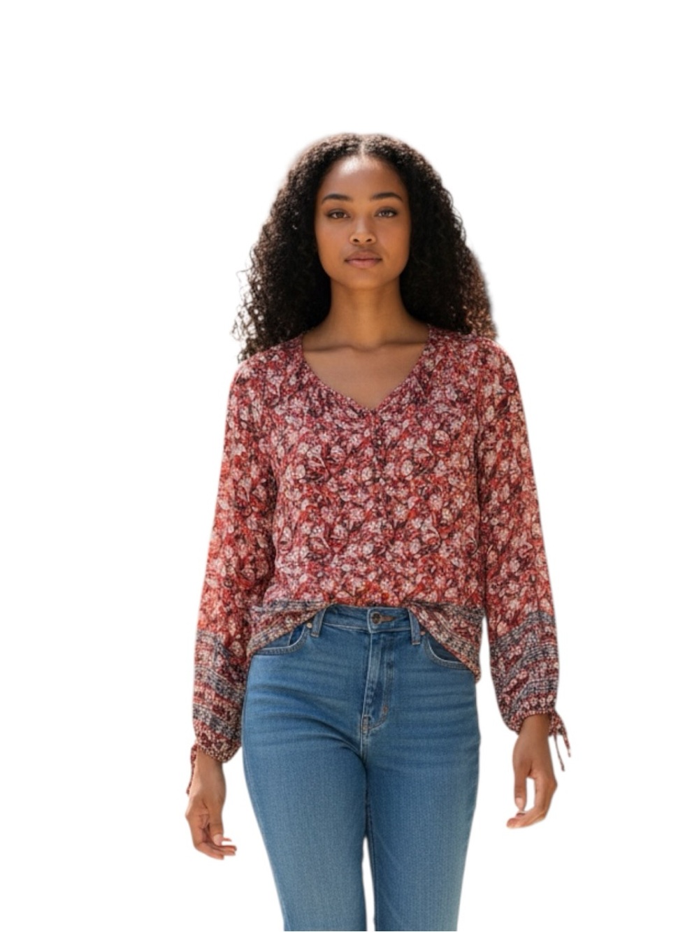 Lucky Brand Red Floral V-Neck Boho Peasant Blouse Size XS